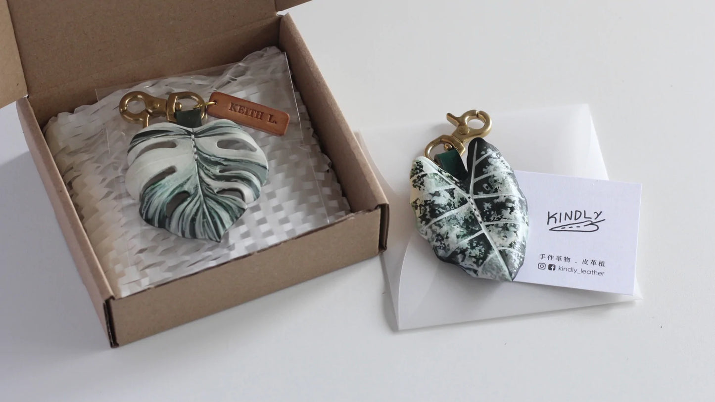 Alocasia Green Velvet Variegated Leather Bag Charm