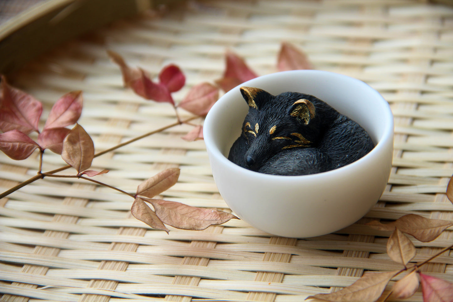 Kitsune in Teacup Figurine - Black