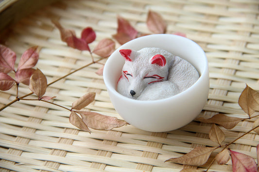 Kitsune in Teacup Figurine - White