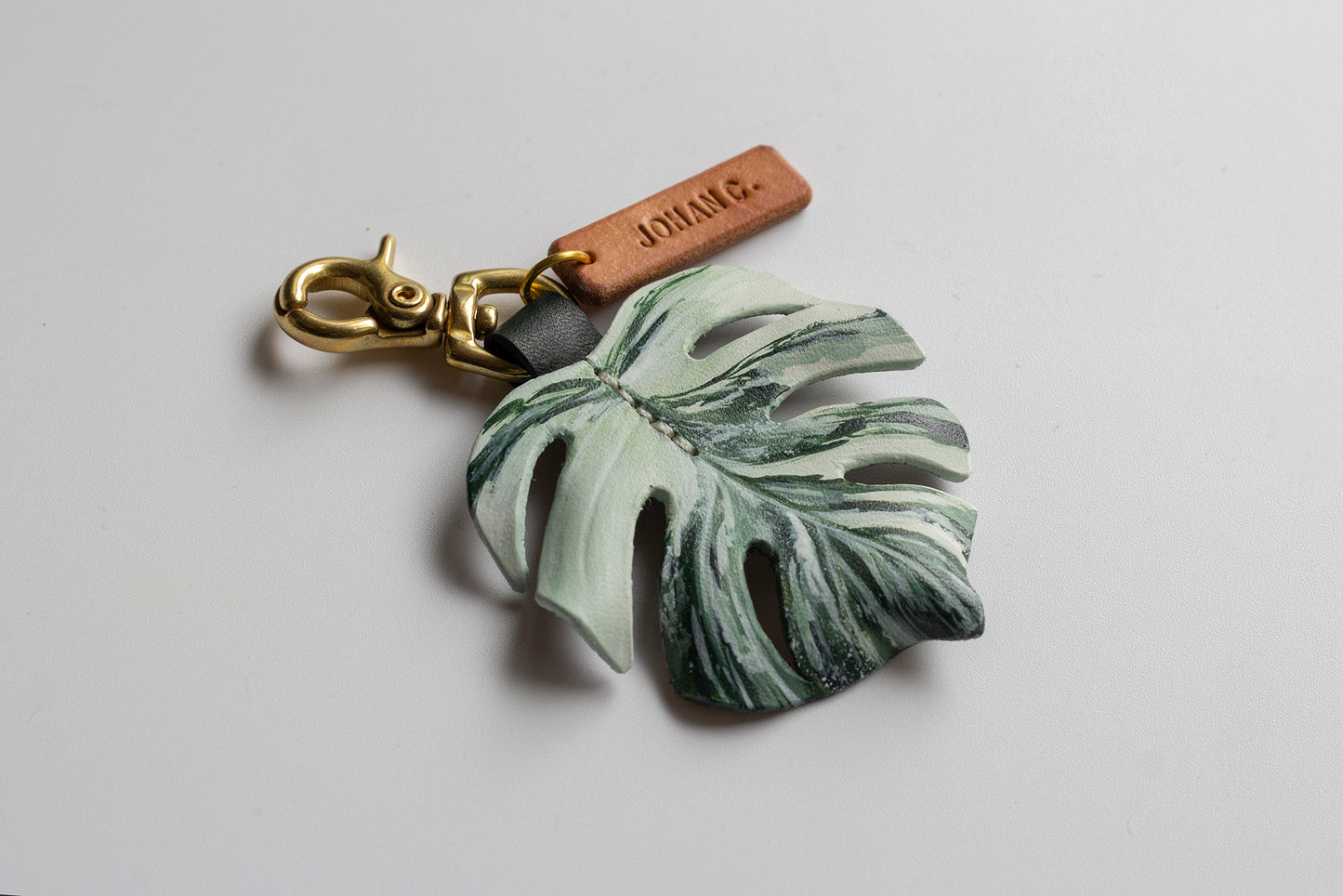 Monstera Deliciosa var Borsigiana 'Albo' Variegated Leather Bag Charm